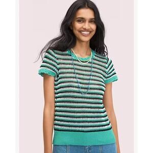 Kate Spade Cotton Short Sleeve Sweater Top Size S Small Green White Blue Striped